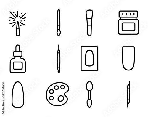 Abstract Nail Art Tools. Outline icon set of abstract nail art tools: splatter brush, detail liner, foil