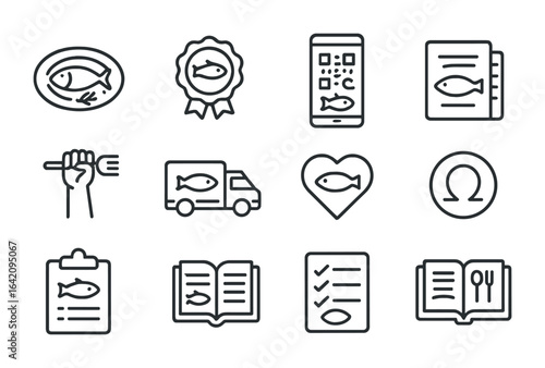 Responsible Seafood Icons. Outline icon set of responsible seafood consumption: fish dish, seafood label,