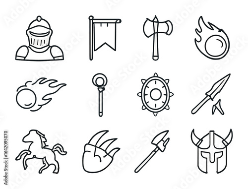 Medieval Fantasy Icon Set. Outline icon set of medieval fantasy battle: armored knight, war banner, battle axe