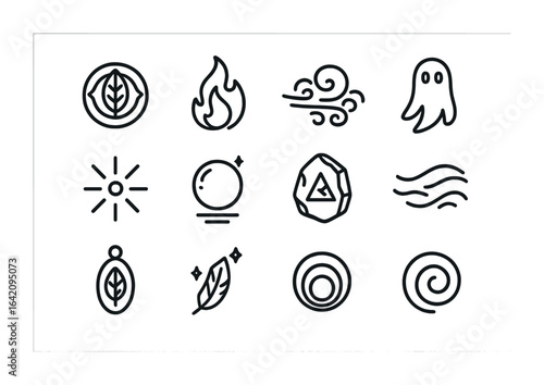 Forest Magic Icons. Outline icon set of forest-bound magic: nature rune, green flame, enchanted fog, spirit