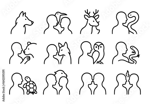 Spirit-Animal Icon Set. Outline icon set of spirit-animal relationships: wolf companion, bird on shoulder,