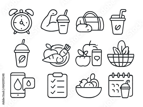 Smoothie Lifestyle Icons. Outline icon set of smoothie lifestyle habits: morning routine, fitness shake,