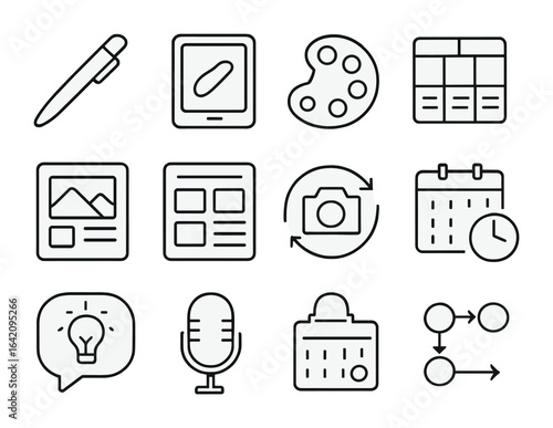 Creative Tech Icon Set. Outline icon set of tech in creative productivity: stylus pen, digital sketchpad,