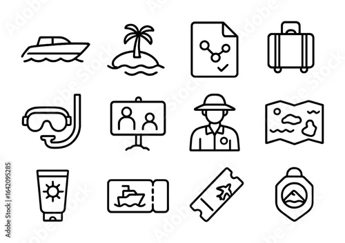 Island Hopping Icons. Outline icon set of island hopping tours: speedboat, island icon, travel itinerary,