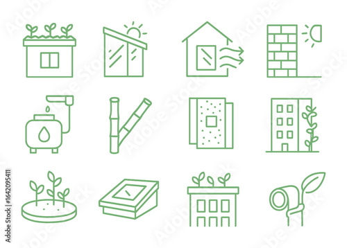 Green Architecture Icons. Outline icon set of green architecture ideas: green roof, solar window, passive
