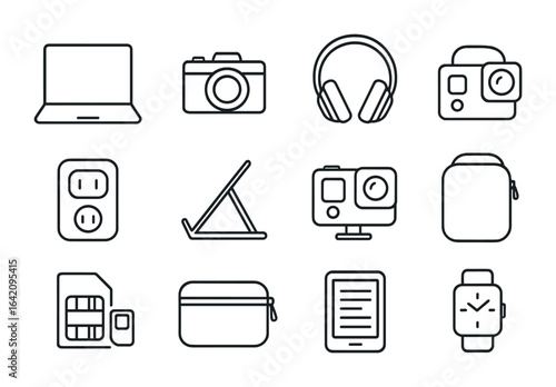 Nomadic Travel Gear Essentials. Outline icon set of essential gear for nomads: ultrabook, mirrorless camera,
