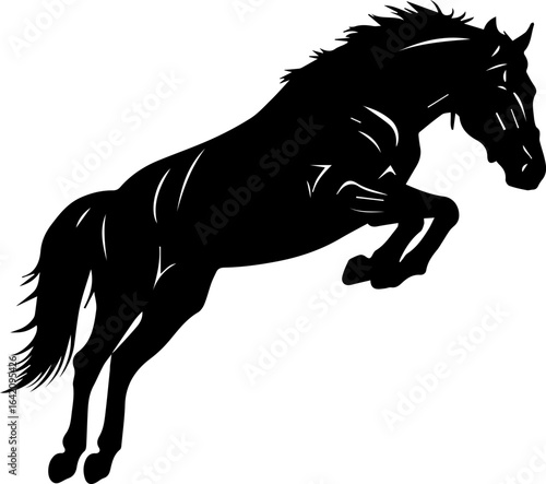  Horse jumping over obstacle silhouette vector, black horse mid-jump isolated on white background