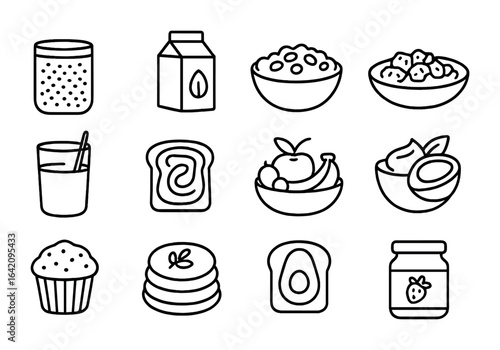 Plant-Based Breakfast Icons. Outline icon set of plant-based breakfast foods: chia pudding, almond milk,
