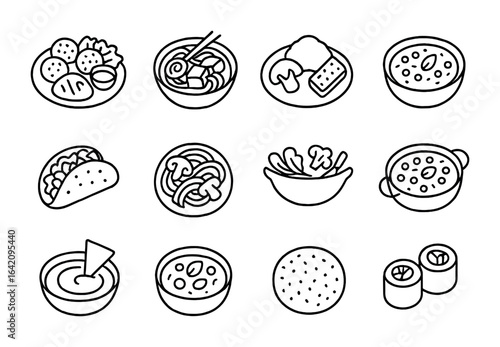 Global Plant-Based Dishes. Outline icon set of global plant-based cuisines: falafel plate, tofu ramen, tempeh