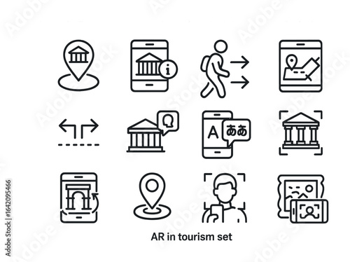 AR Tourism Icon Set. Outline icon set of AR in tourism: landmark tag, info overlay, guided walk, digital map,