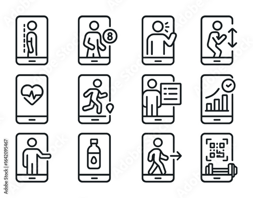 AR Fitness Icon Set. Outline icon set of AR in fitness: posture guide, rep counter, virtual trainer, form
