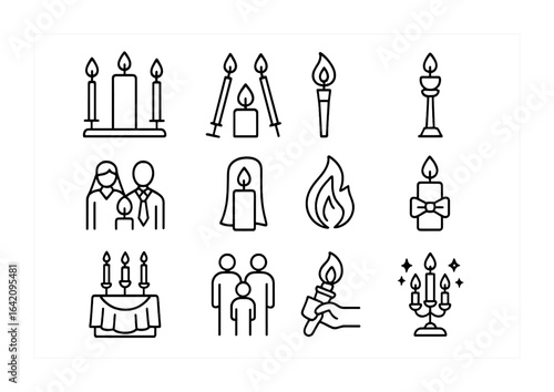 Ceremonial Candle Icons. Outline icon set of ceremonial candles: unity candle, vow flame, religious torch,