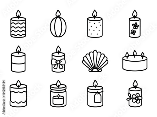 Decorative Candle Icons. Outline icon set of decorative candles: patterned wax, sculpted shape, glitter candle