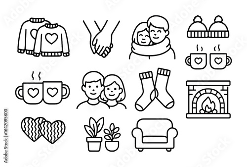 Cozy Couple Icons. Outline icon set of cozy couple style: matching sweaters, linked hands, shared scarf, wool
