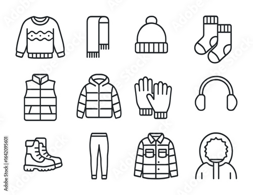 Winter Wardrobe Icons. Outline icon set of winter wardrobe essentials: cozy sweater, fleece scarf, beanie hat,