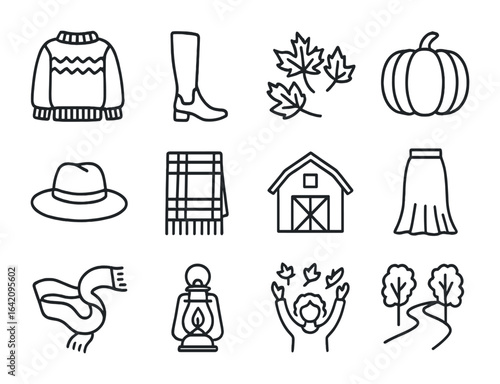 Autumn Photoshoot Icons. Outline icon set of fall photoshoot looks: chunky sweater, knee boots, autumn leaves,