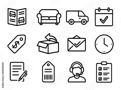 Furniture Rental Icons. Outline icon set of furniture rental: rental catalog, sofa icon, delivery van,
