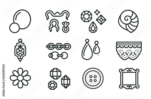 Retro Jewelry Icons. Outline icon set of retro jewelry materials: glass cabochons, brass findings, rhinestones