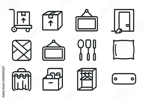 Room-to-Room Moving Icons. Outline icon set of room-to-room moving: hallway cart, labeled box, floor protector