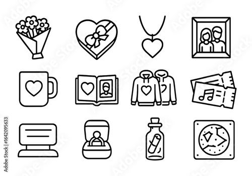 Romantic Gifts Icons. Outline icon set of romantic gifts over time: flower bouquet, chocolate box, pendant