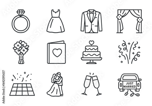 Wedding Celebration Icons. Outline icon set of wedding celebration moments: engagement ring, wedding dress,