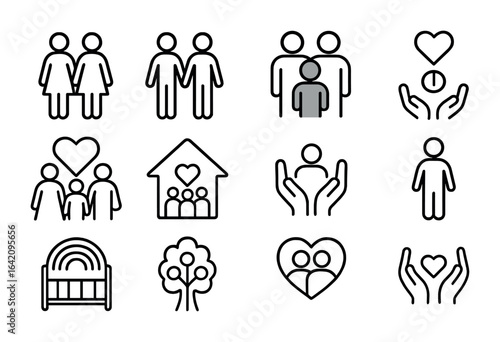 Diverse Family Icons. Outline icon set of family and diversity: two moms, two dads, mixed race family,