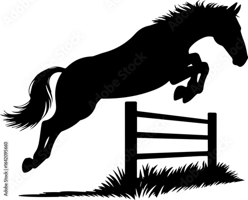  Horse jumping over obstacle silhouette vector, black horse mid-jump isolated on white background