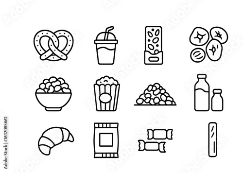 Farmers Market Snacks Icons. Outline icon set of farmers market snacks: pretzel, fruit smoothie, granola bar,