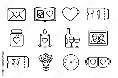 Anniversary Gift Icons. Outline icon set of anniversary gifts for parents: love letter, photo book, heart
