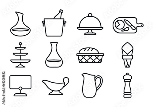 Luxury Dining Icons. Outline icon set of high-end dining accessories: wine decanter, champagne bucket, serving