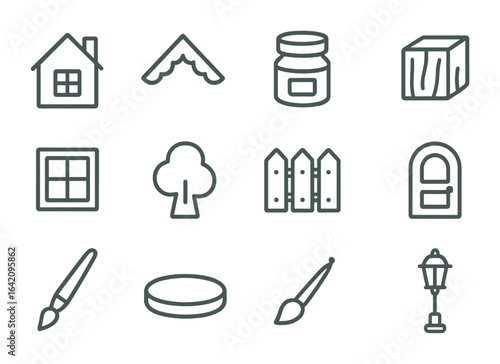 Miniature House Icons. Outline icon set of miniature painted houses: tiny house, roof detail, color jar, wood