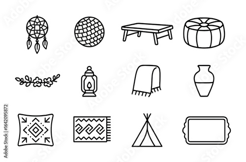 Boho Picnic Icons. Outline icon set of boho picnic vibes: dreamcatcher, woven mat, low table, pouf cushion,