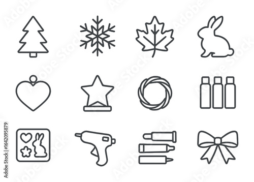 Seasonal Wood Craft Icons. Outline icon set of seasonal wood crafts: wooden tree, snowflake cutout, autumn