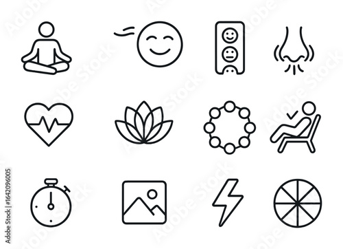 Fitness and Mental Wellness Icons. Outline icon set of fitness and mental health: meditation icon, calm alert,