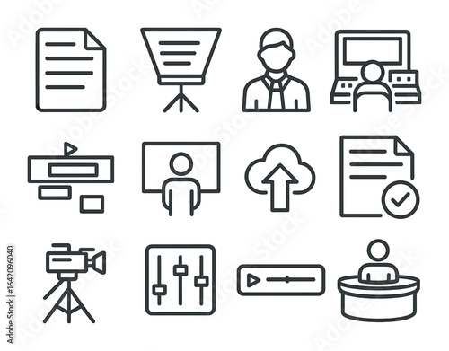 Digital News Icon Set. Outline icon set of digital news production: script, teleprompter, news anchor, control