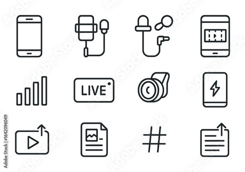 Mobile Journalism Icons. Outline icon set of mobile journalism: smartphone, selfie stick, portable mic, mobile