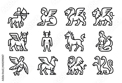 Legendary Beings Icons. Outline icon set of hybrid legendary beings: centaur, sphinx, chimera, manticore,