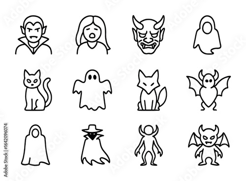 Mystical Creature Icons. Outline icon set of shadow and night creatures: vampire, banshee, oni, wraith, black
