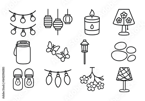 Spring Lighting Icons. Outline icon set of spring lighting ideas: fairy string lights, paper lanterns,