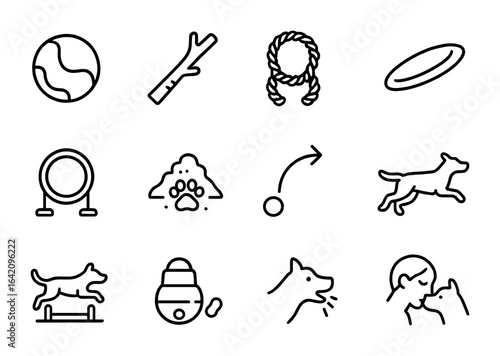 Dog Playtime Icons. Outline icon set of dog playtime on farms: chew ball, stick toy, tug rope, frisbee,