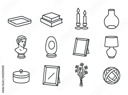 Console Table Icons. Outline icon set of console tabletop vignettes: table tray, stacked books, taper candles,