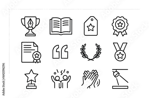 Literary Icons Grid. Outline icon set of literary awards and achievements: trophy pen, published book,