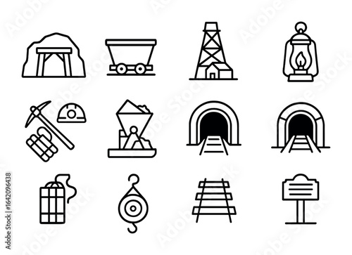 Mining Heritage Icons. Outline vector icons of mining history and heritage: old mine, mining cart, headframe,