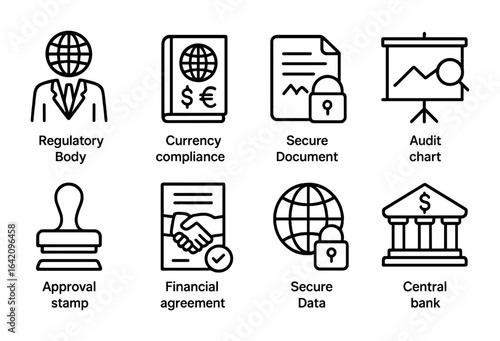 Global Finance Icons. Outline icon set of global financial regulation: regulatory body icon, currency