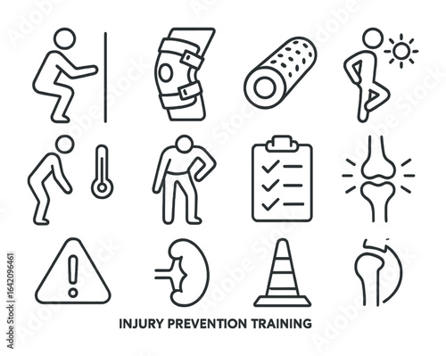 Injury Prevention Icons. Outline icon set of injury prevention training: proper form icon, knee brace, foam
