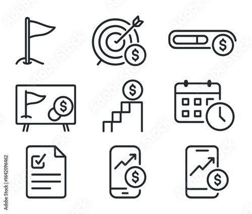 Financial Goal Icons. Outline icon set of financial goal setting: goal flag, savings target, progress bar,
