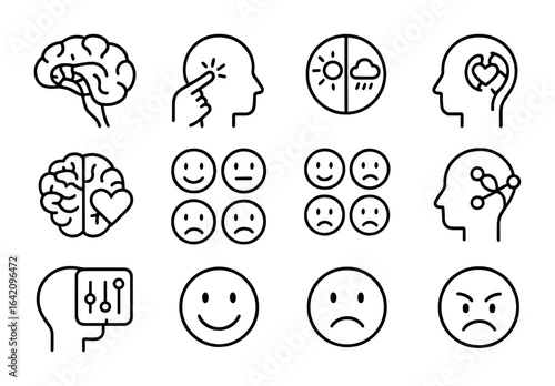 Emotional Brain Icons. Outline vector icons of the emotional brain: amygdala, emotional triggers, affective