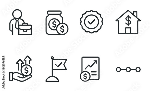 Financial Milestones Icons. Outline icon set of financial milestones: first job icon, emergency fund goal,
