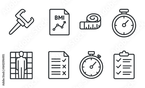 Client Assessment Icons. Outline icon set of client assessment tools: caliper, BMI chart, measuring tape,