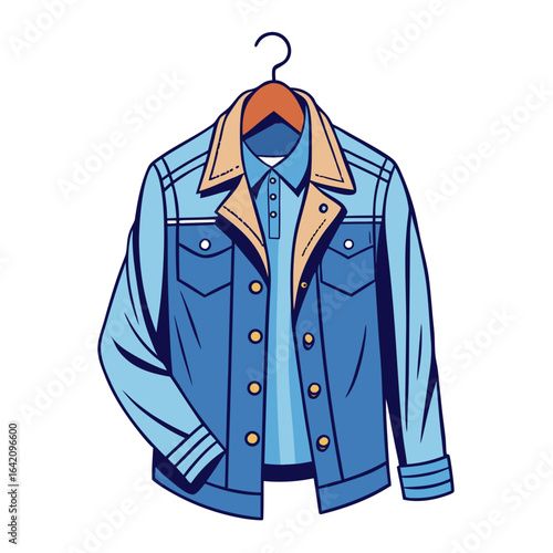 Denim Jacket on Hanger with Detailed Texture and Seams Isolated on White